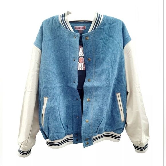 First Choice VTG 1990s Men's Premium Denim Varsity Bomber Jean Jacket Blue NWT - Picture 1 of 16